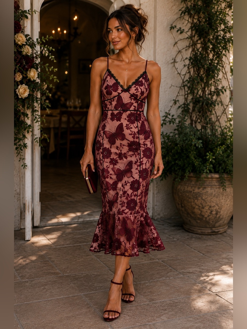 Lulu's Wine Burgundy Lace Butterfly Midi Dress